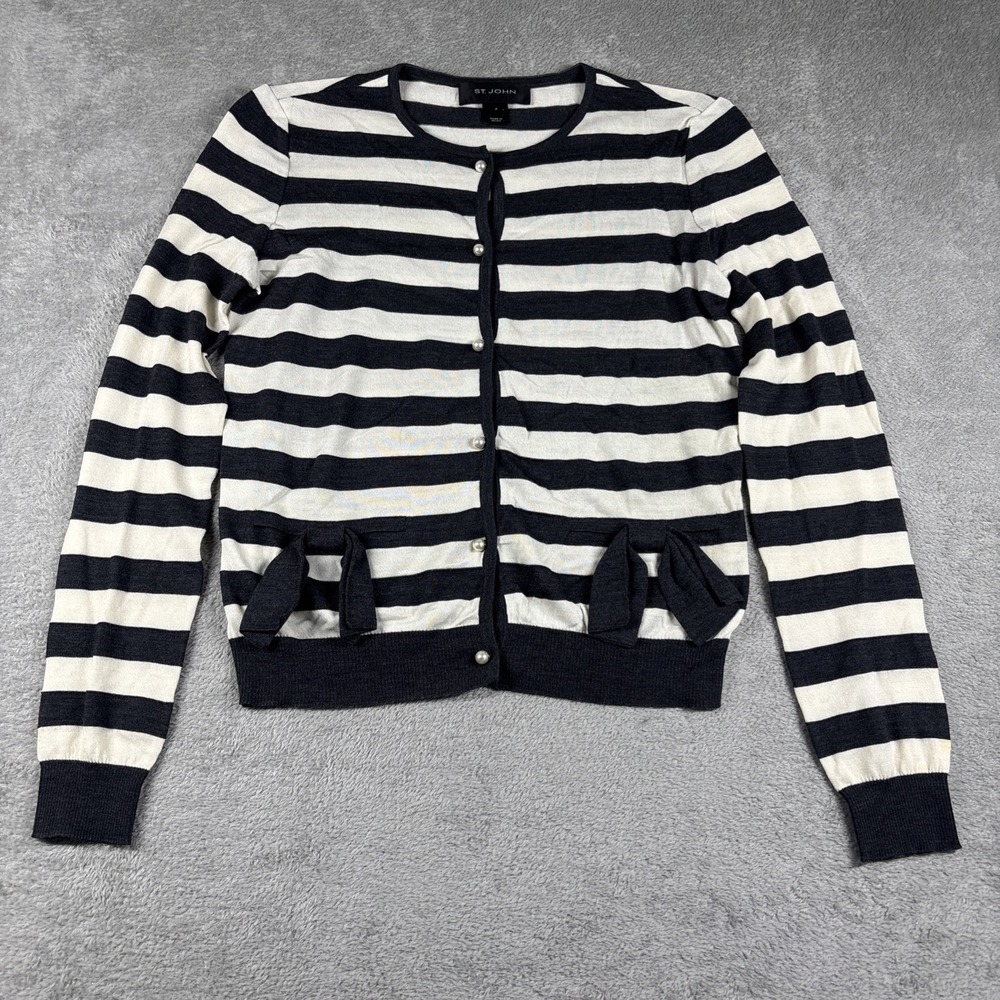 St. John Gray Striped Pearl Button Lightweight Long Sleeve Bow Cardigan‎ Sz P